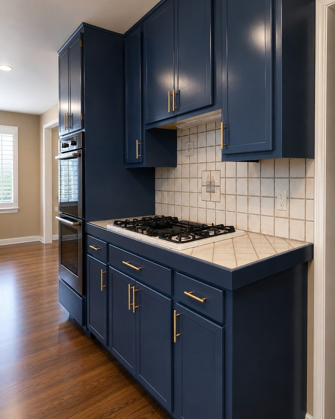 Kitchen after, cabinets sprayed navy blue with brass hardware